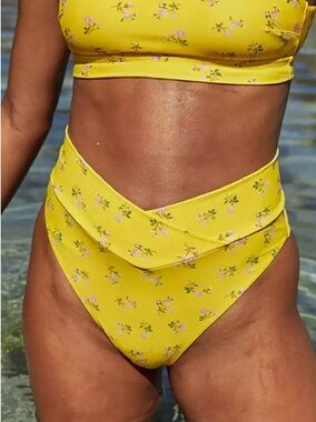 AERIE NEW Floral Print Crossover High Cut Cheeky Bikini Bottoms Yellow Sz Small